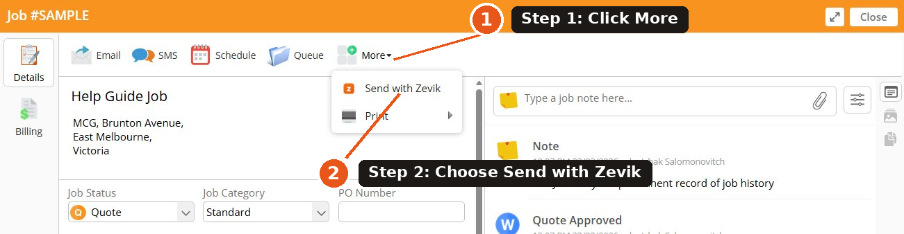 ServiceM8 More menu showing Send with Zevik option, with Step 1 and Step 2 callouts
